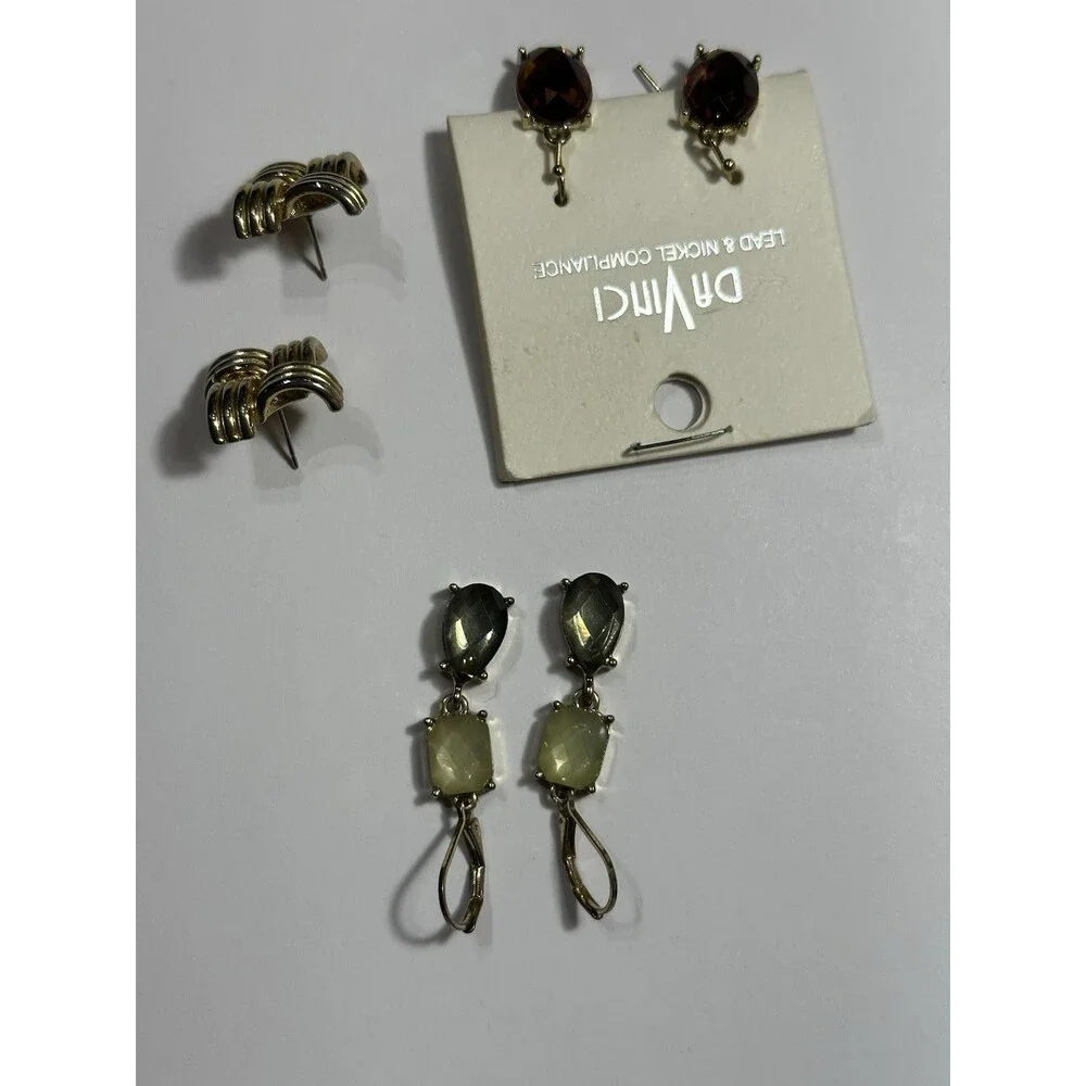 3Pc Mixed Earrings Lot Da Vinci Gemstone Gold Tone Vintage Style New & Used